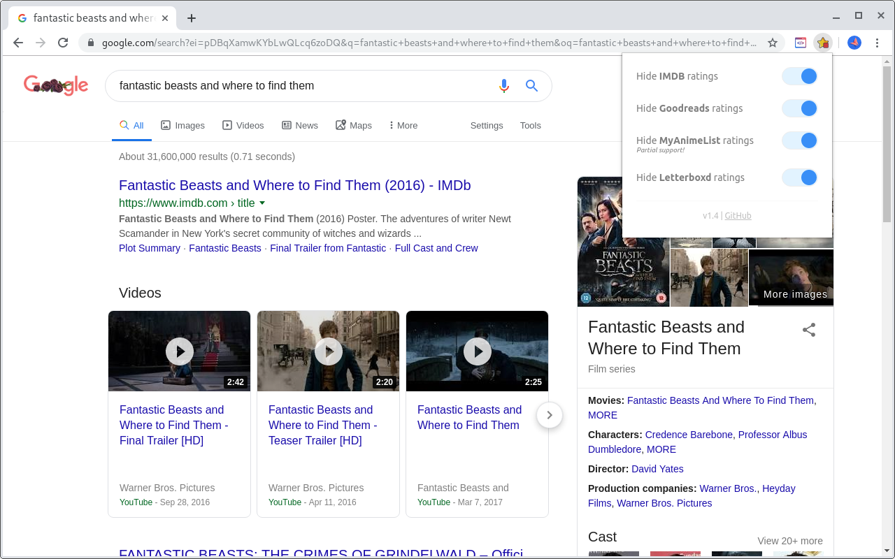 Hide ratings (IMDB,Goodreads,MyAnimeList,...) chrome谷歌浏览器插件_扩展第2张截图