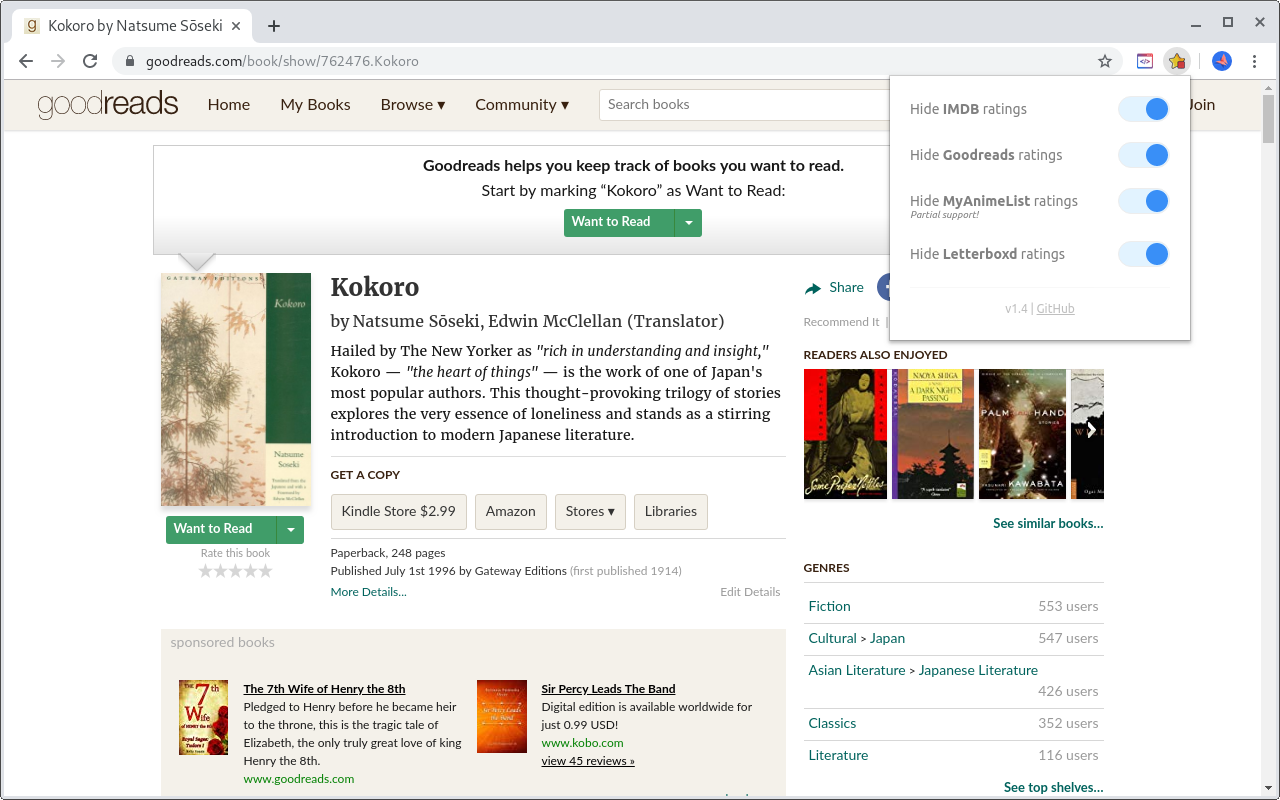 Hide ratings (IMDB,Goodreads,MyAnimeList,...) chrome谷歌浏览器插件_扩展第3张截图