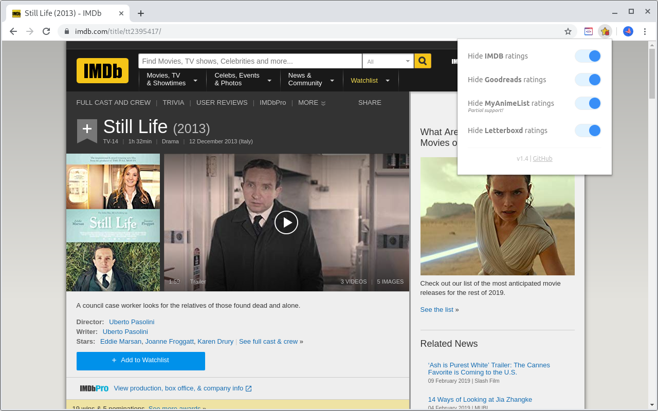 Hide ratings (IMDB,Goodreads,MyAnimeList,...) chrome谷歌浏览器插件_扩展第4张截图