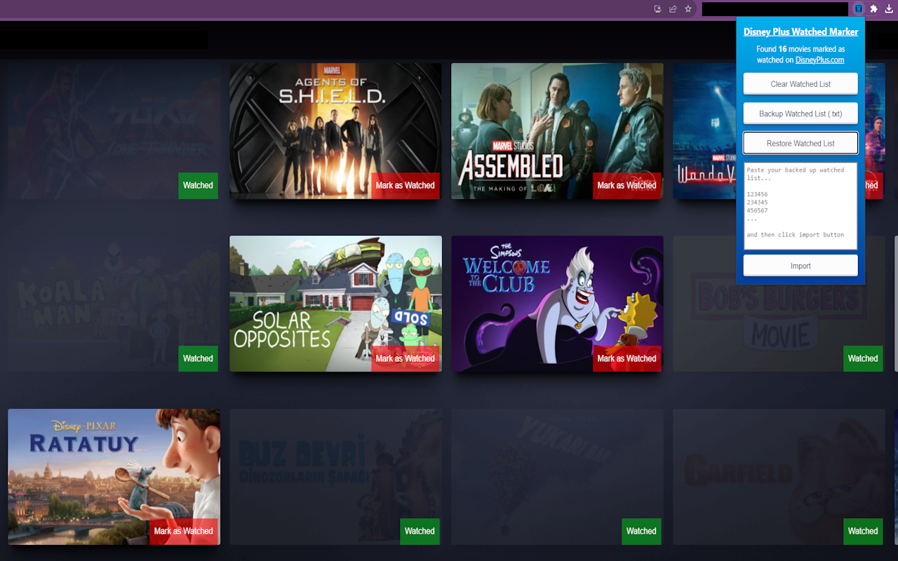 Disney Plus Watched Marker chrome谷歌浏览器插件_扩展第1张截图