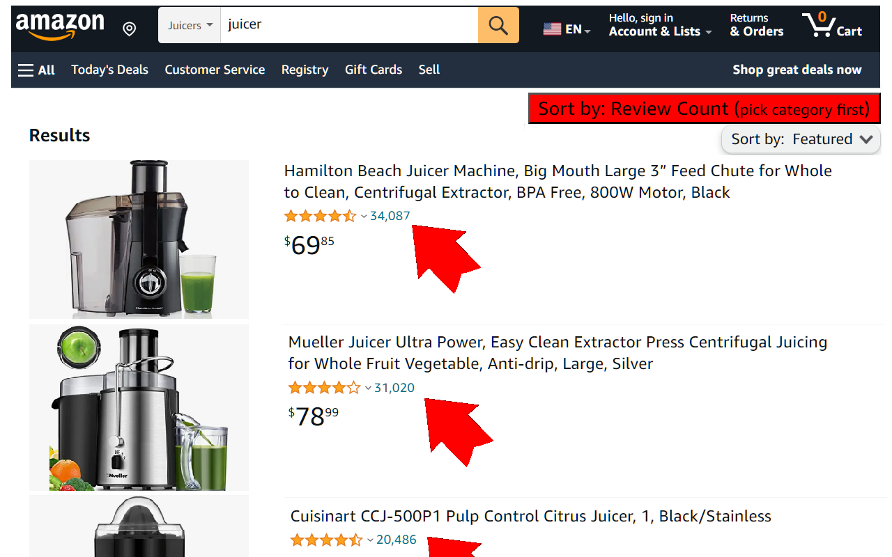 Amazon sort by Review Count chrome谷歌浏览器插件_扩展第2张截图