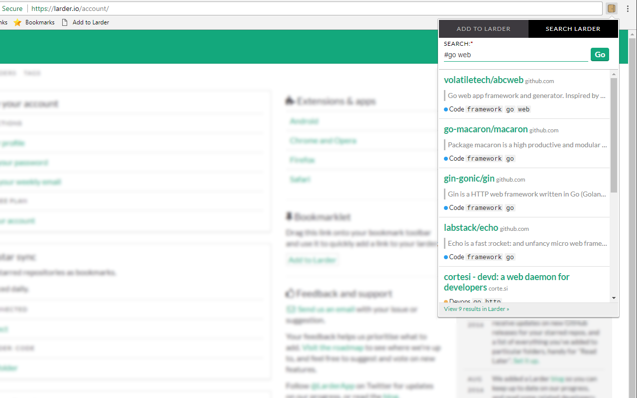 Larder: Bookmarking for developers chrome谷歌浏览器插件_扩展第2张截图