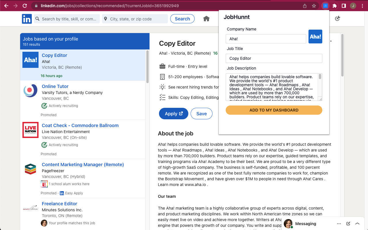 JobHunnt AI - Free Job Tracking Dashboard & Resume Builder chrome谷歌浏览器插件_扩展第1张截图