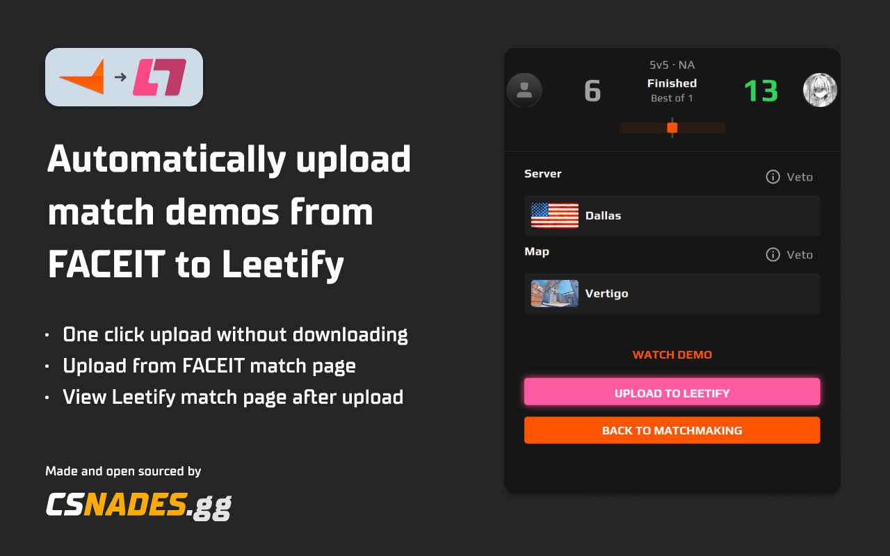 FACEIT to Leetify Demo Uploader by CSNADES.gg chrome谷歌浏览器插件_扩展第2张截图