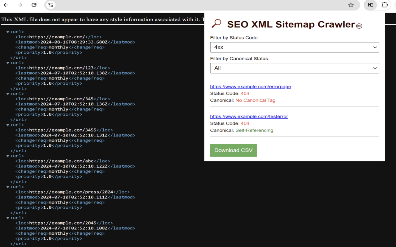 SEO XML Sitemap Crawler (Status Code & Canonical Tag) chrome谷歌浏览器插件_扩展第2张截图