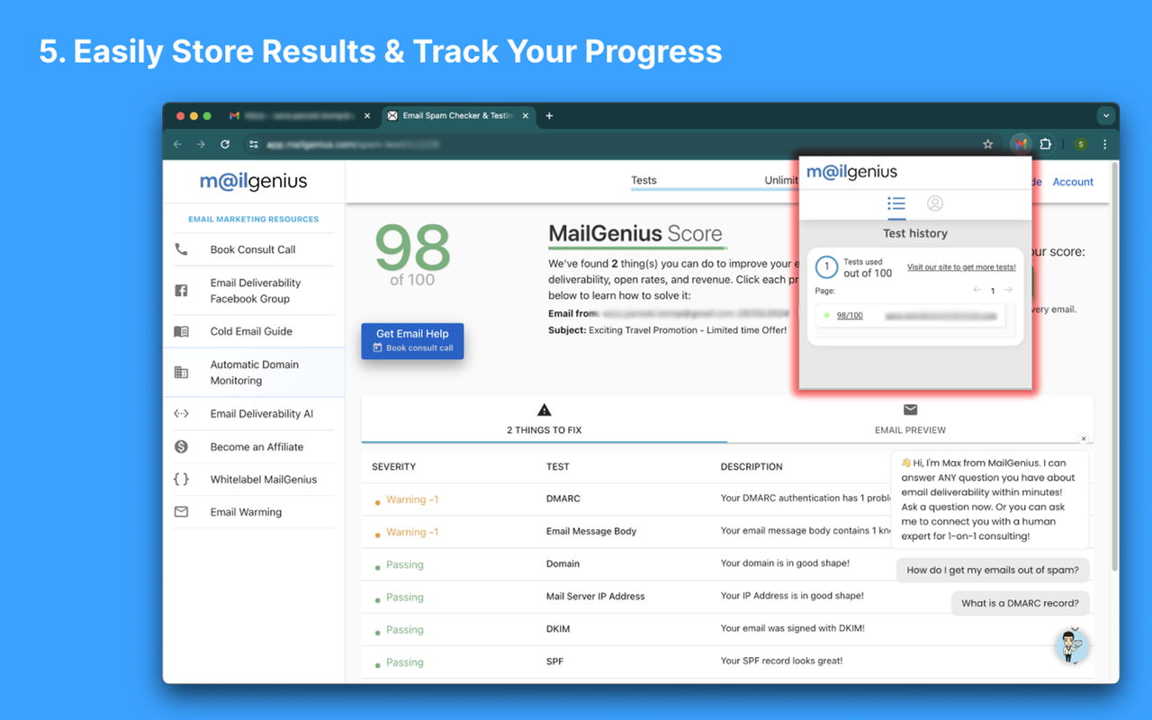 MailGenius: Email Deliverability Tracker & Email Spam Tester chrome谷歌浏览器插件_扩展第5张截图