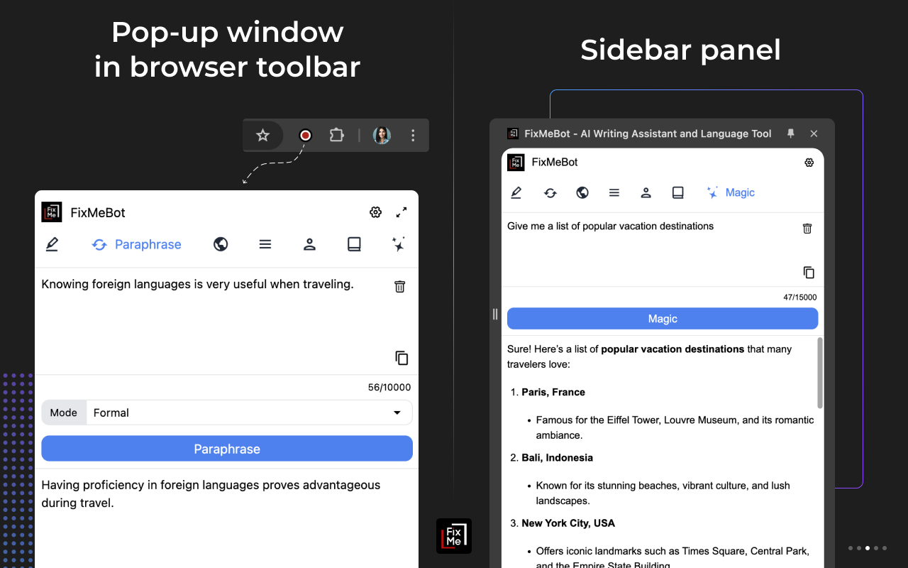 FixMeBot - AI Writing Assistant and Language Tool chrome谷歌浏览器插件_扩展第4张截图