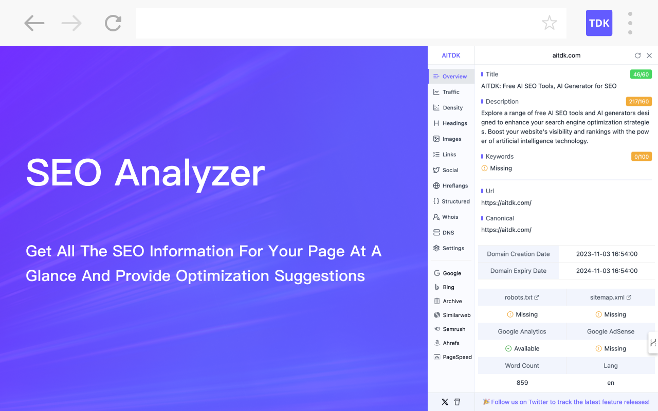 AITDK SEO Extension - 流量/关键词/Whois/SEO分析器 chrome谷歌浏览器插件_扩展第5张截图
