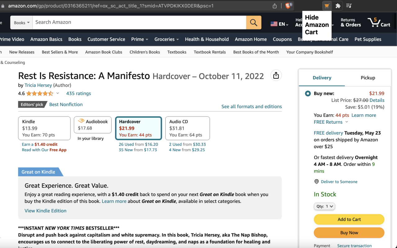 Hide Amazon Cart chrome谷歌浏览器插件_扩展第1张截图