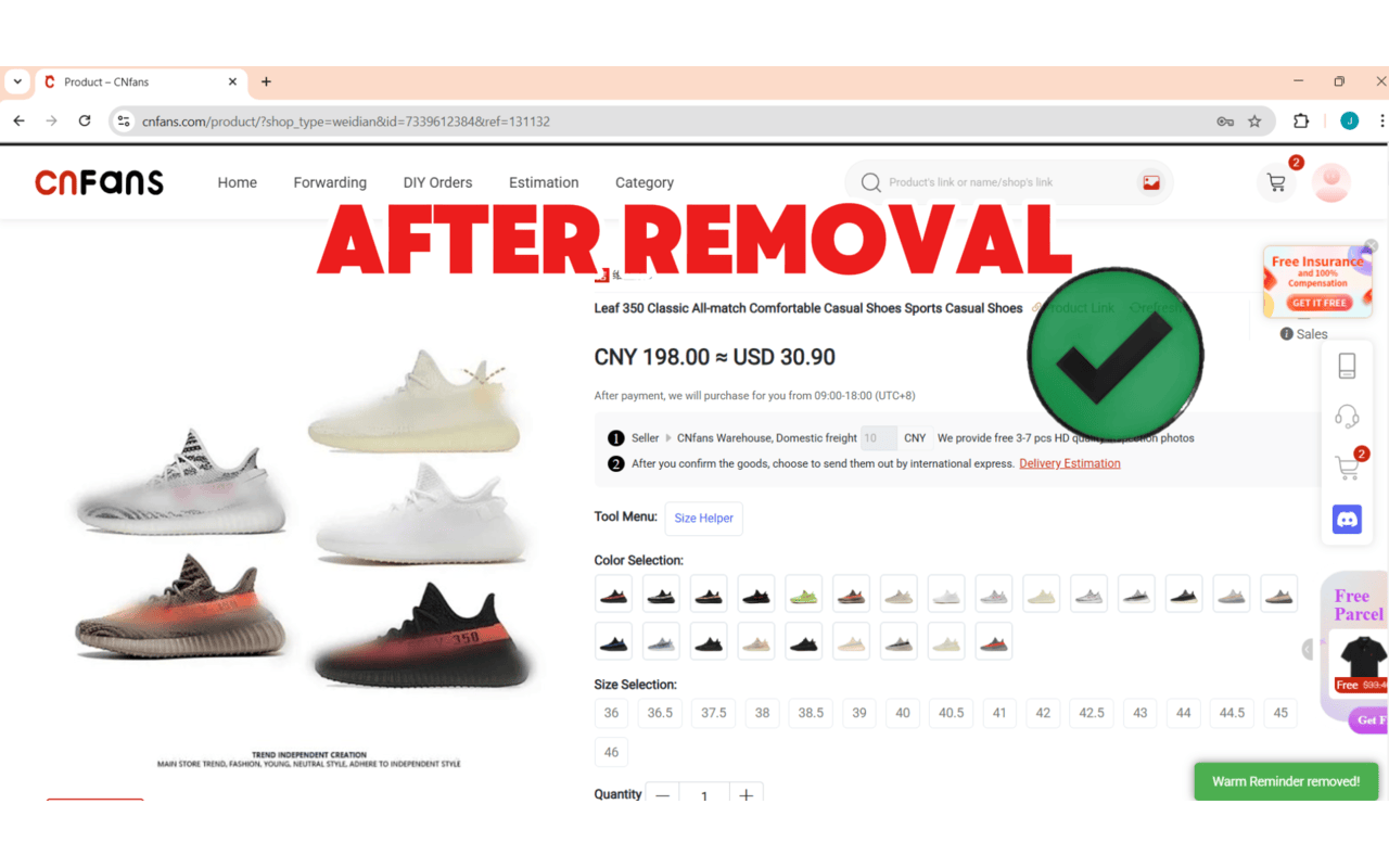 CNFans Warm Reminder Remover chrome谷歌浏览器插件_扩展第1张截图