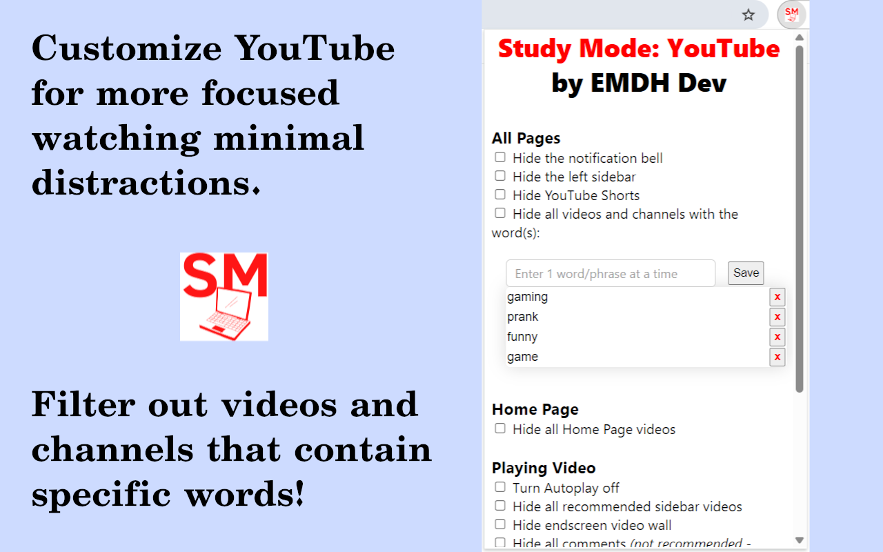 Study Mode: YouTube chrome谷歌浏览器插件_扩展第2张截图