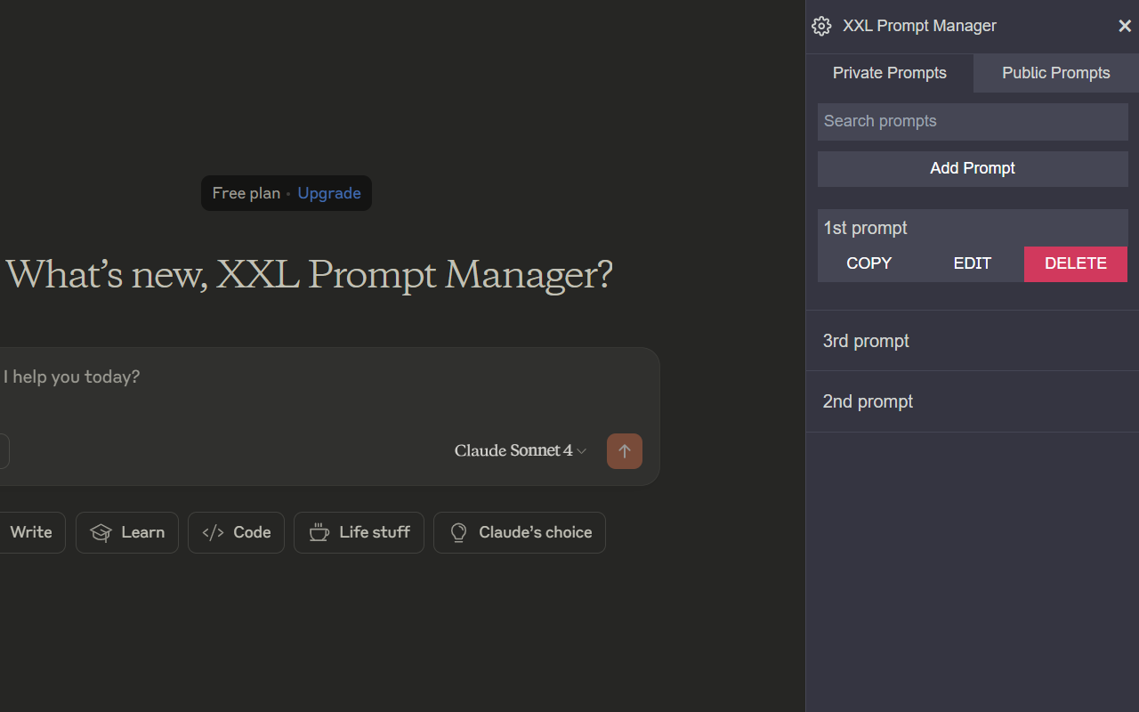 XXL Prompt Manager for ChatGPT, Claude, Gemini, Perplexity and Copilot chrome谷歌浏览器插件_扩展第3张截图