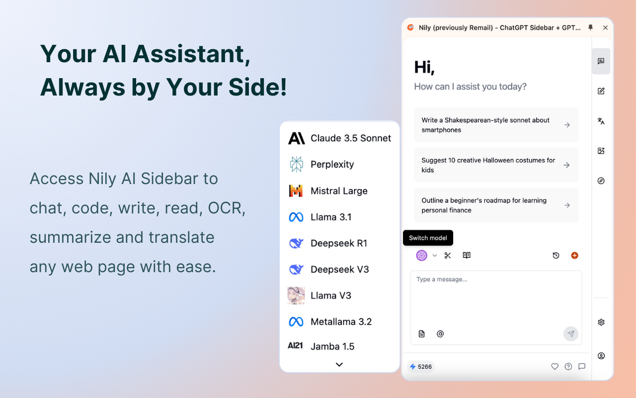 Nily: AI Sidebar with all LLMs (ChatGPT, DeepSeek, Gemini, Claude & more) chrome谷歌浏览器插件_扩展第1张截图