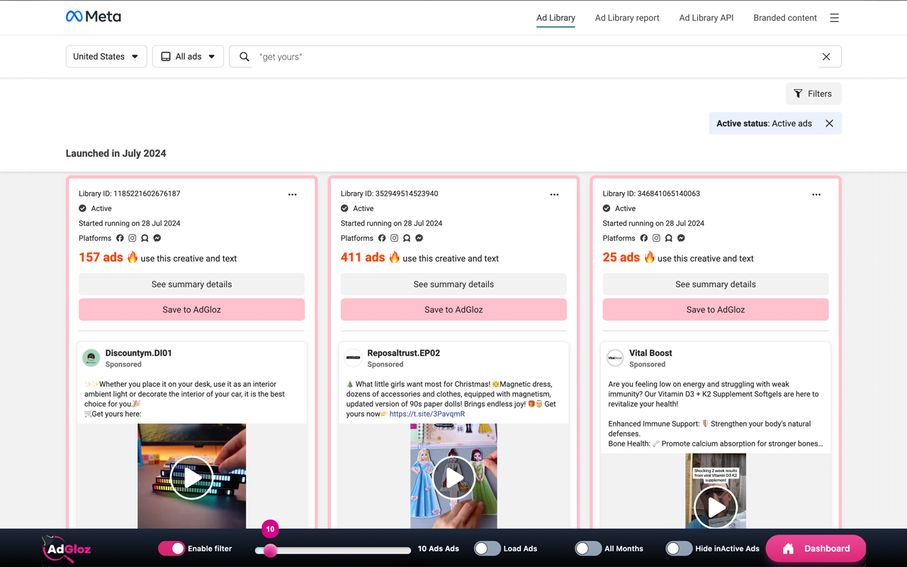 AdGloz: AdLibrary AdSpy - Facebook Ads Library - Meta Ads library chrome谷歌浏览器插件_扩展第5张截图