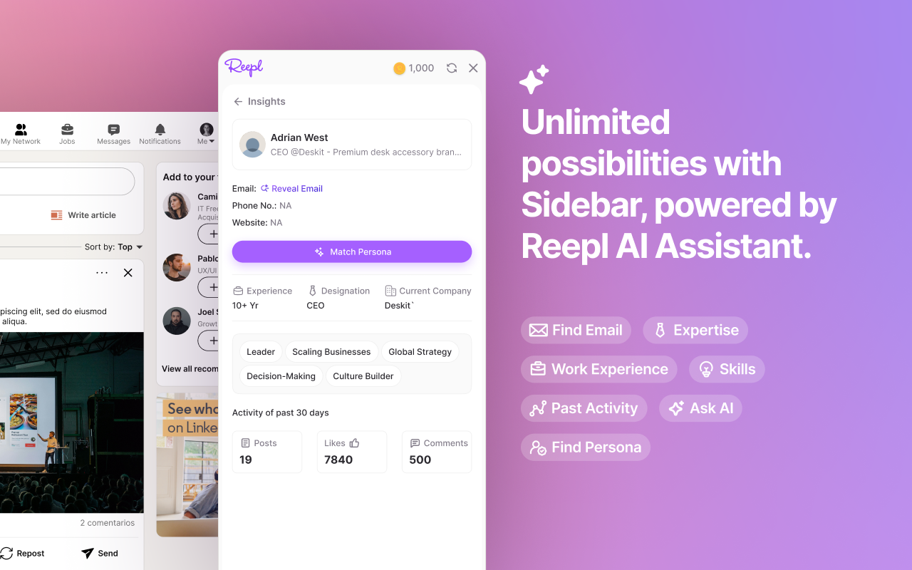 Reepl AI LinkedIn Post Writer, Lead Finder, CRM, Auto DMs, Streaks & More chrome谷歌浏览器插件_扩展第1张截图