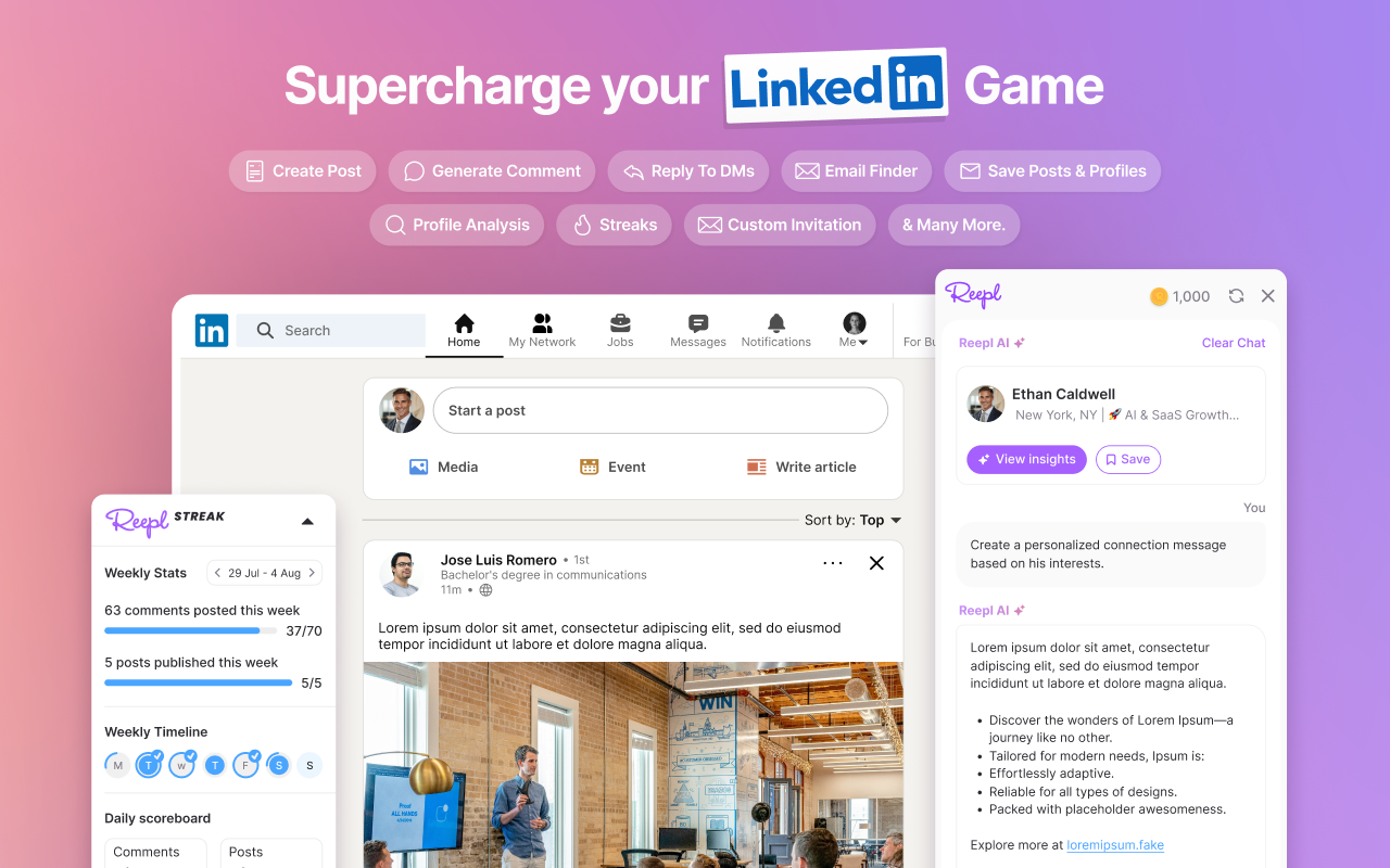 Reepl AI LinkedIn Post Writer, Lead Finder, CRM, Auto DMs, Streaks & More chrome谷歌浏览器插件_扩展第3张截图