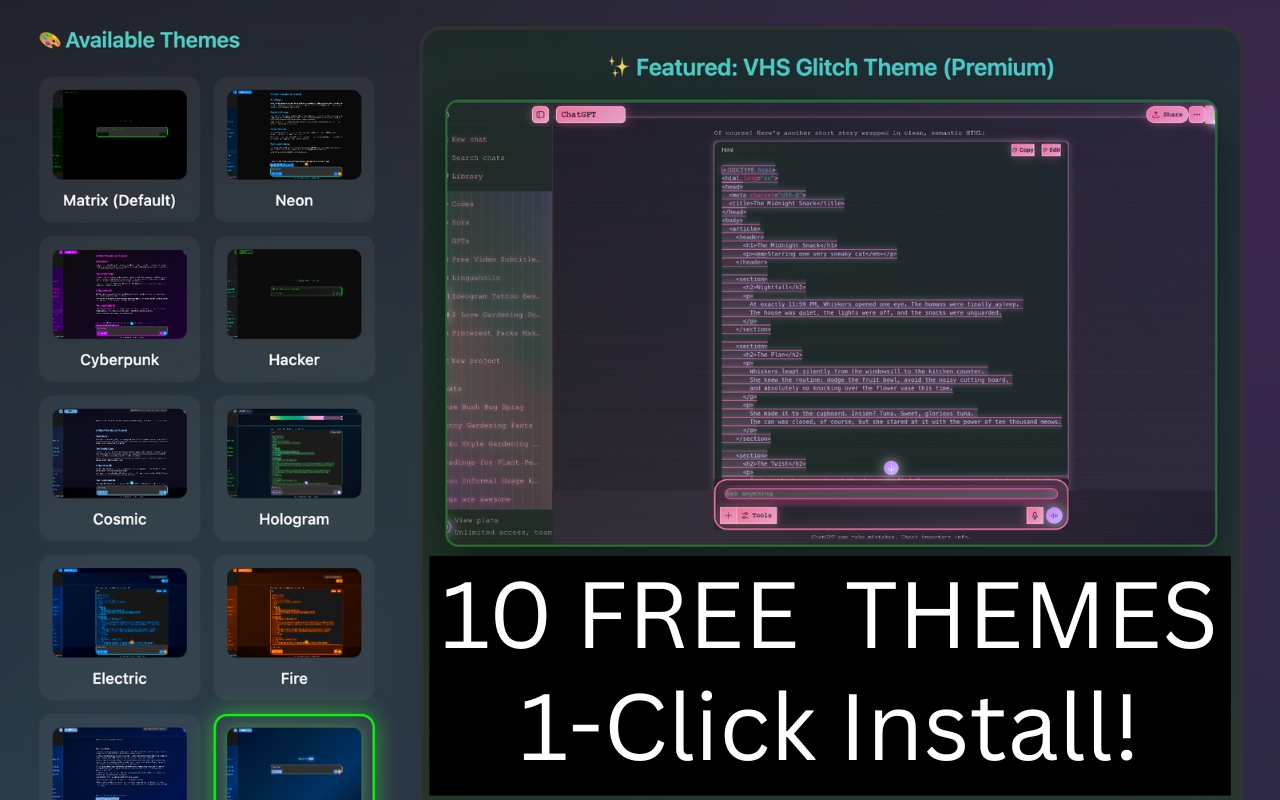 Custom Themes for ChatGPT - Skins, Dark Mode & UI Styles chrome谷歌浏览器插件_扩展第1张截图