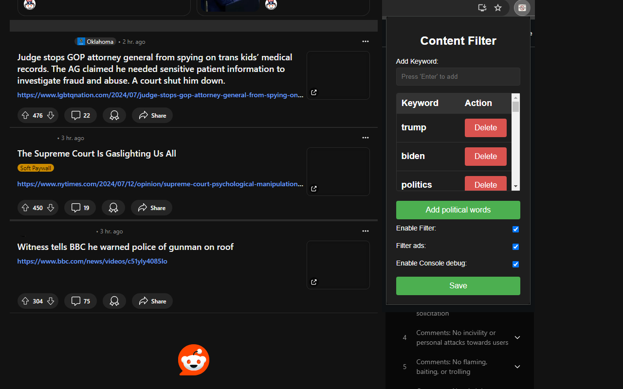 Reddit Keyword Filter chrome谷歌浏览器插件_扩展第2张截图