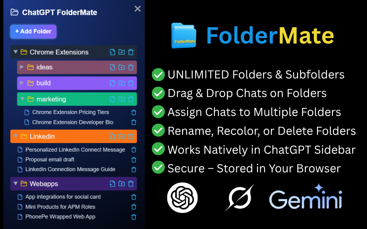 ChatGPT Folders Organizer - FolderMate: for GPT, Gemini, Grok chrome谷歌浏览器插件_扩展第4张截图