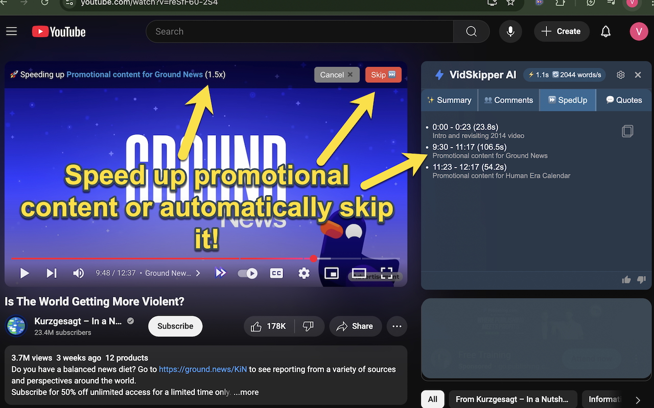 VidSkipper AI: YouTube Summary, Chapters & Sponsor Block chrome谷歌浏览器插件_扩展第2张截图
