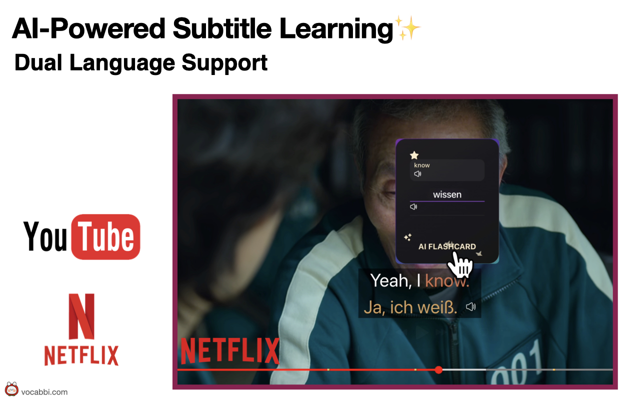 Vocabbi: Learn Languages 🗣️ | AI 🧠, Netflix 🎬 chrome谷歌浏览器插件_扩展第1张截图