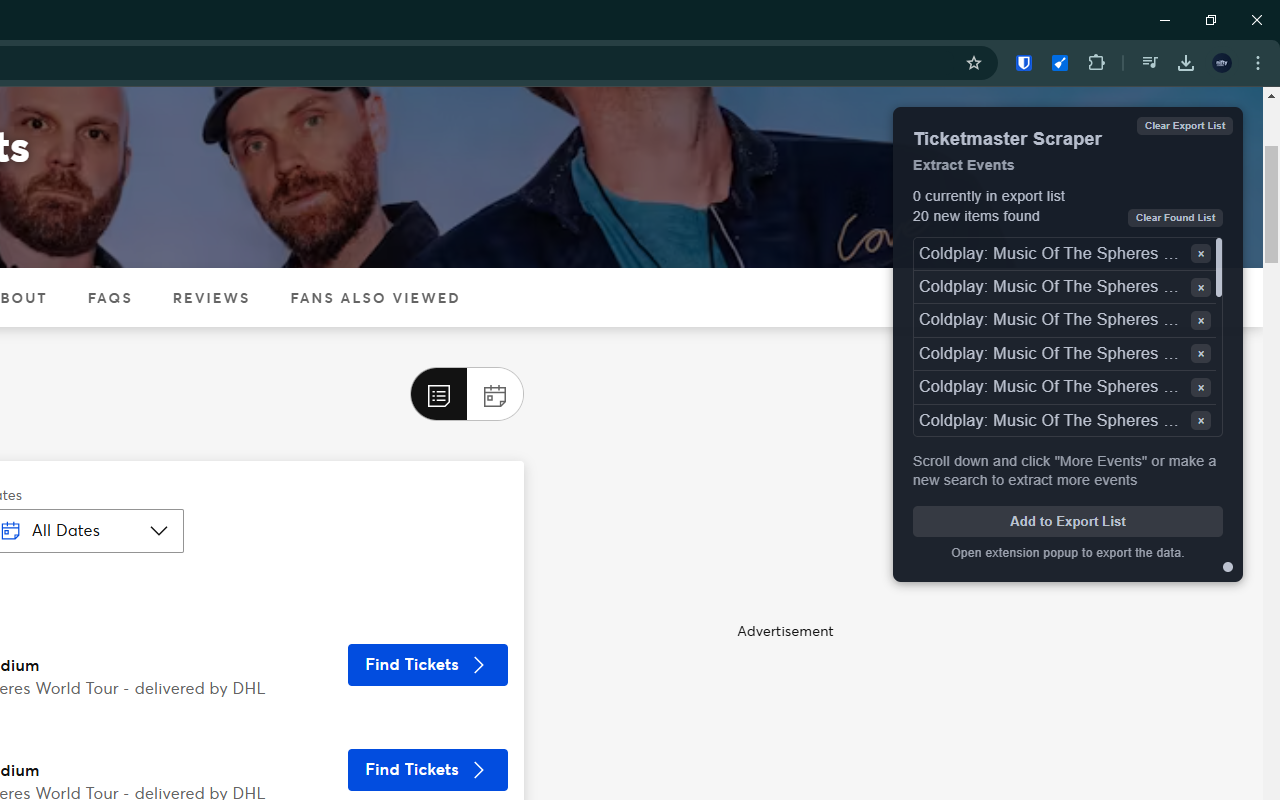 Ticketmaster Scraper: Export Tickets, Events, Concerts & more chrome谷歌浏览器插件_扩展第4张截图