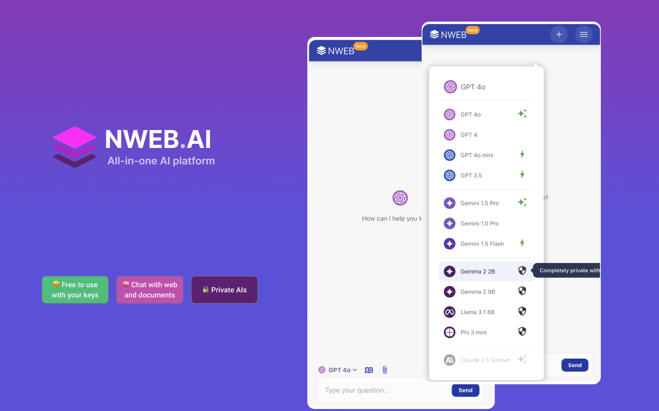 NWEB AI: ChatGPT, Gemini, Claude and Private AIs (always Free with BYO Key) chrome谷歌浏览器插件_扩展第1张截图