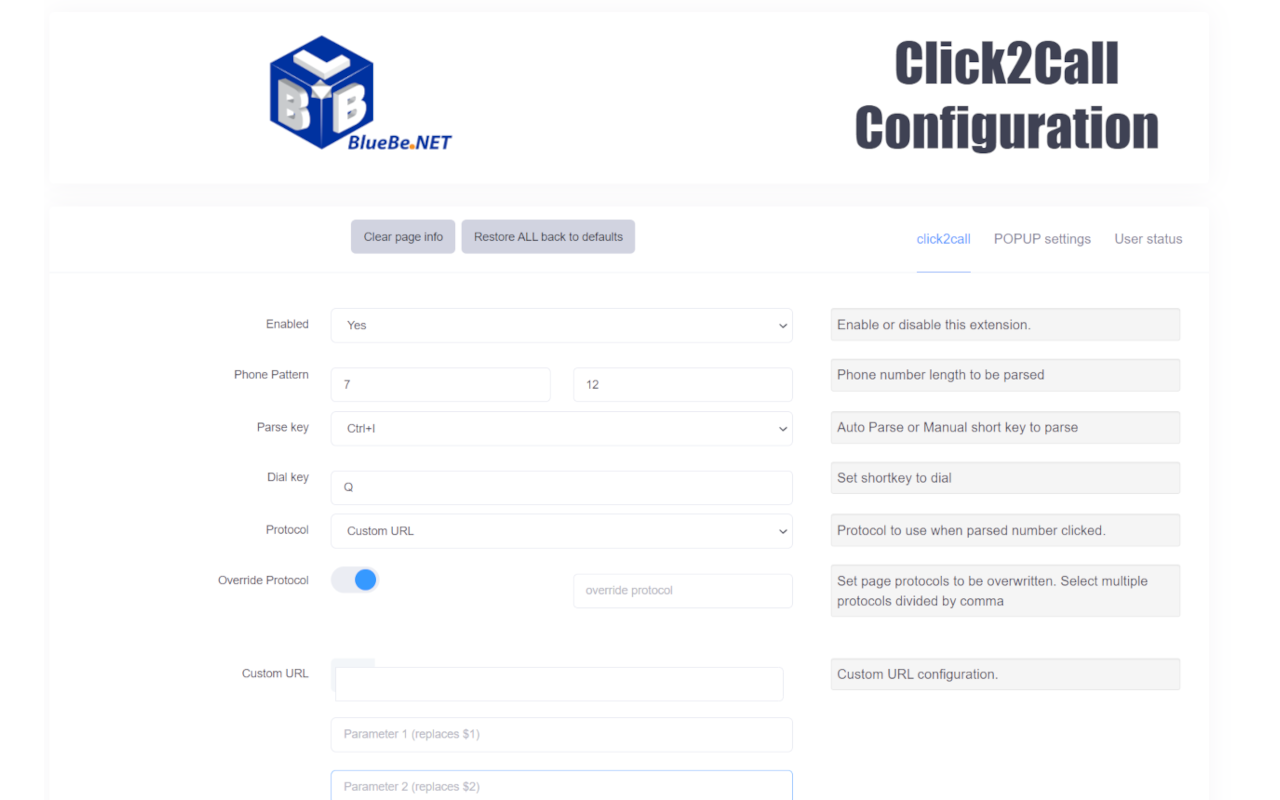 BlueBeNET click2call chrome谷歌浏览器插件_扩展第1张截图