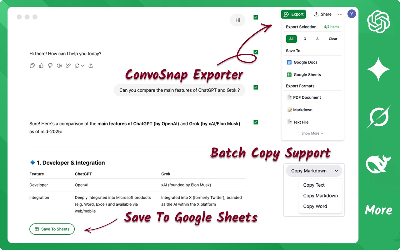 ConvoSnap Exporter：保存 AI 对话至 Google 文档，导出为 PDF、Markdown 等格式 chrome谷歌浏览器插件_扩展第1张截图