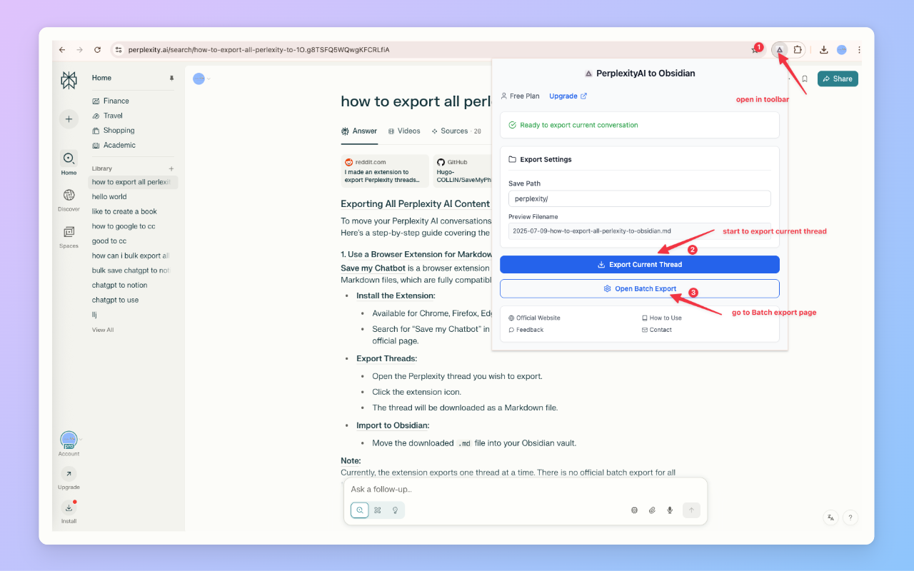 Perplexity 导出到 Obsidian - 批量导出 chrome谷歌浏览器插件_扩展第3张截图