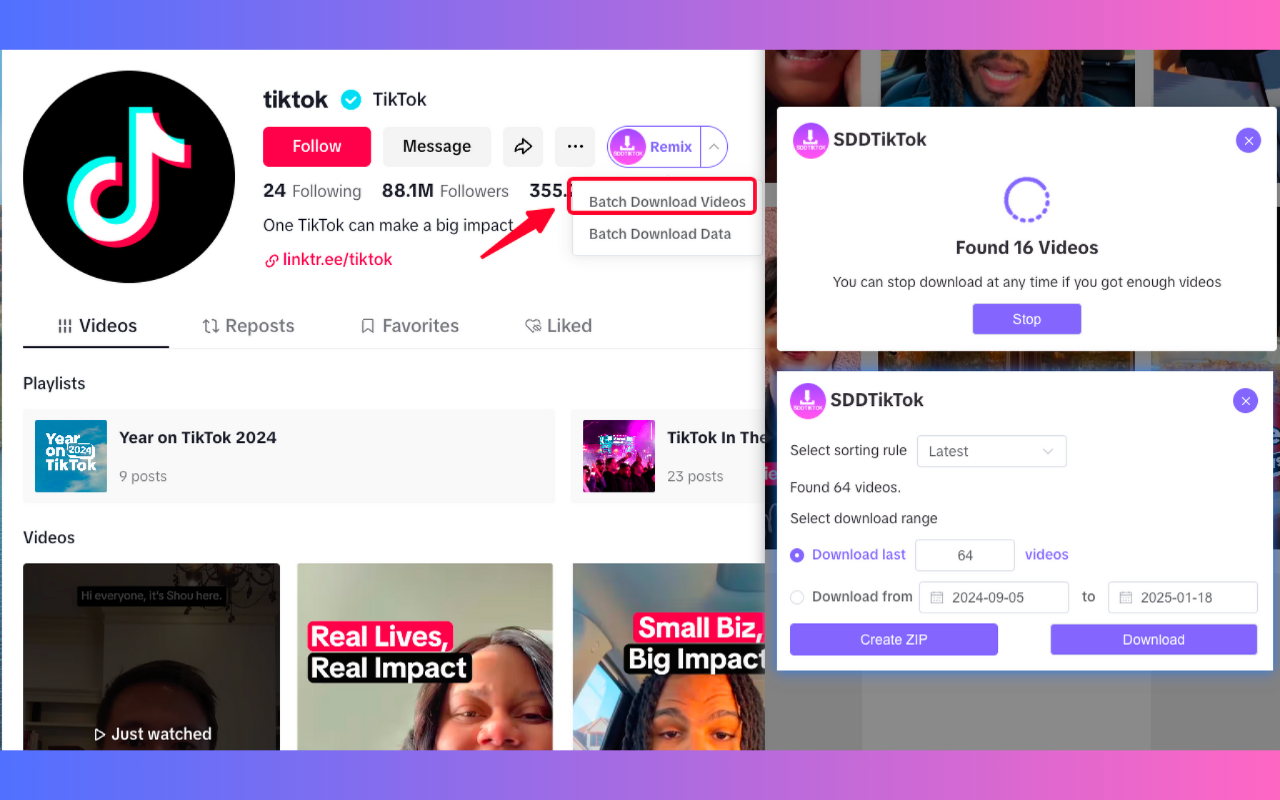 SDDTikTok-支持单个、批量免费下载TikTok视频图片，博主数据 chrome谷歌浏览器插件_扩展第1张截图