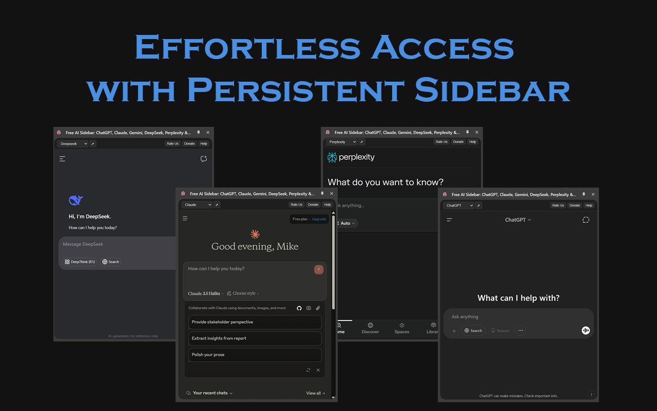 Free AI Sidebar: ChatGPT, Claude, Gemini, DeepSeek, Perplexity & more chrome谷歌浏览器插件_扩展第4张截图