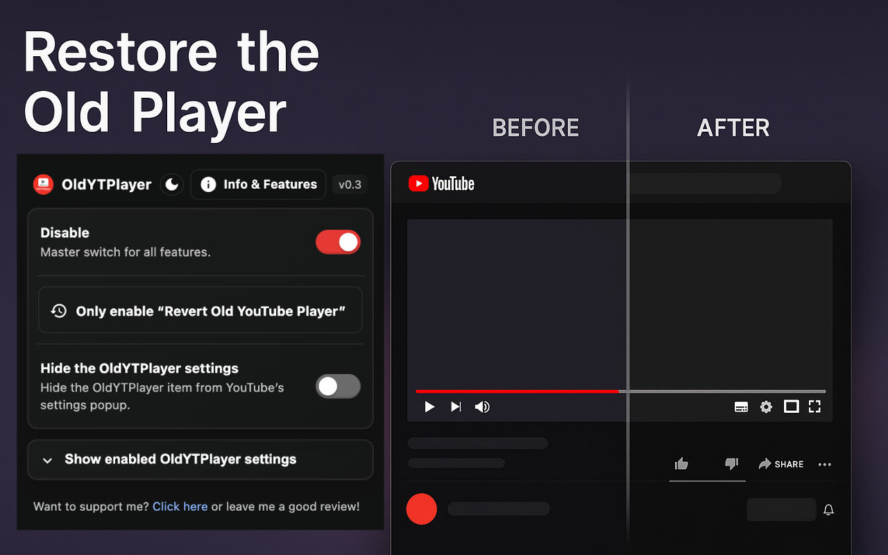 OldYTPlayer | YouTube Old Player UI + Minimal Tweaks chrome谷歌浏览器插件_扩展第2张截图
