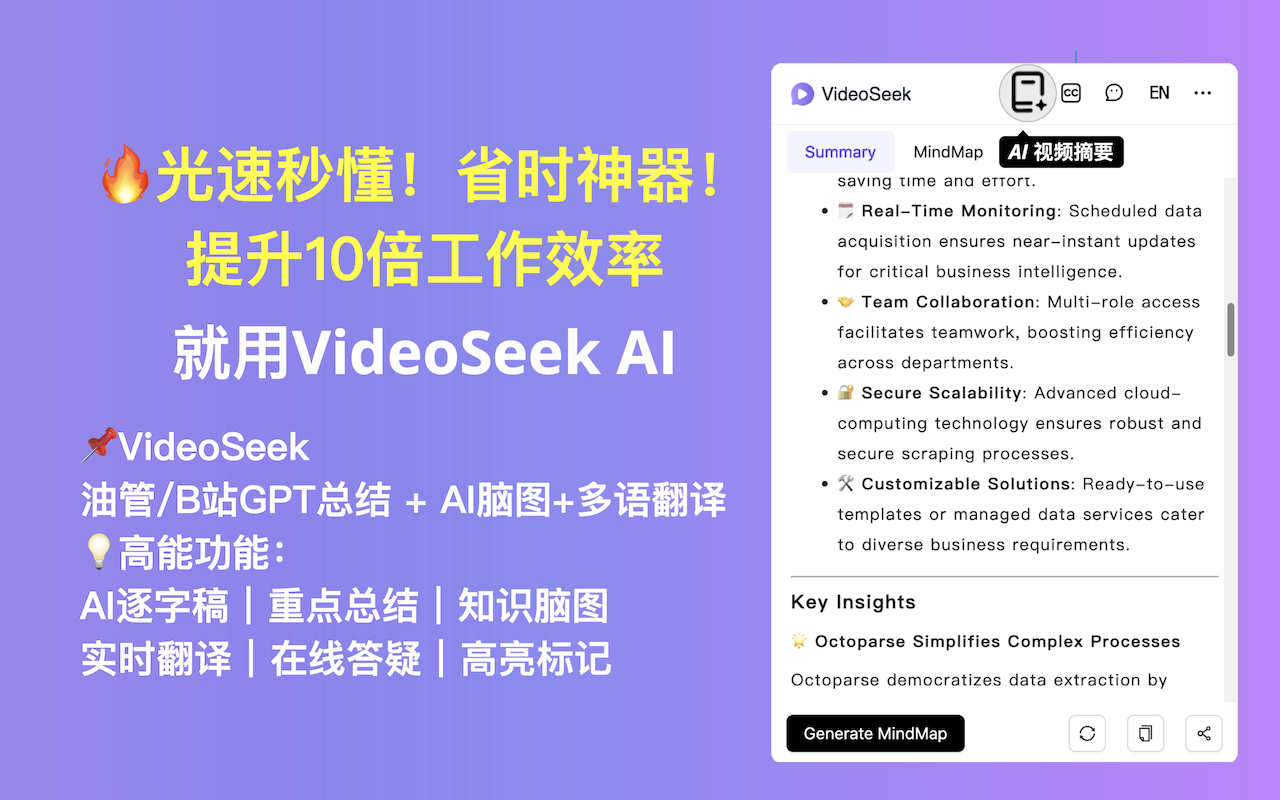 VideoSeek - AI Youtube/B站/TikTok视频,总结与转录工具 chrome谷歌浏览器插件_扩展第1张截图