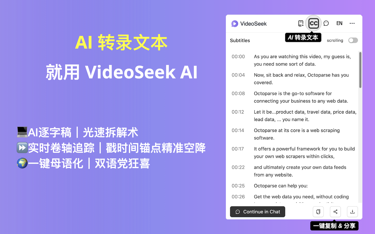 VideoSeek - AI Youtube/B站/TikTok视频,总结与转录工具 chrome谷歌浏览器插件_扩展第2张截图