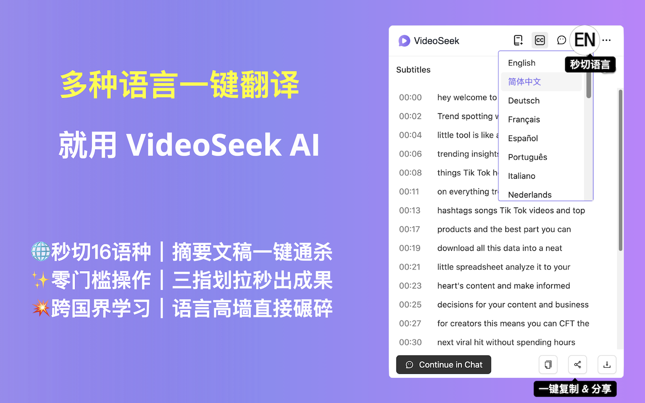 VideoSeek - AI Youtube/B站/TikTok视频,总结与转录工具 chrome谷歌浏览器插件_扩展第3张截图