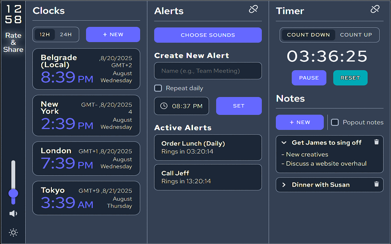 Toolbar Clock Icon, World Clocks, Alerts & Alarms, Timer, Stopwatch, Notes chrome谷歌浏览器插件_扩展第3张截图