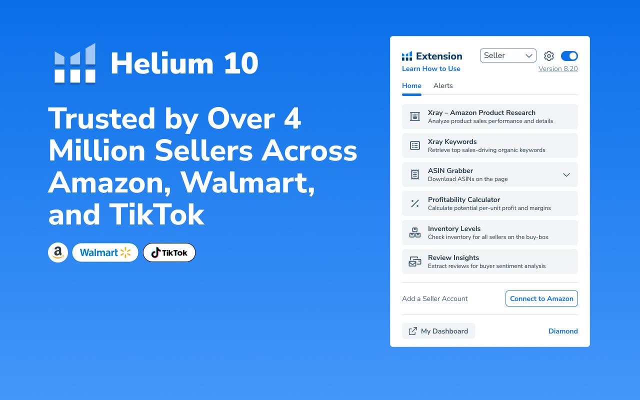 Helium 10 for Amazon Sellers, Influencers, and Walmart Sellers chrome谷歌浏览器插件_扩展第2张截图