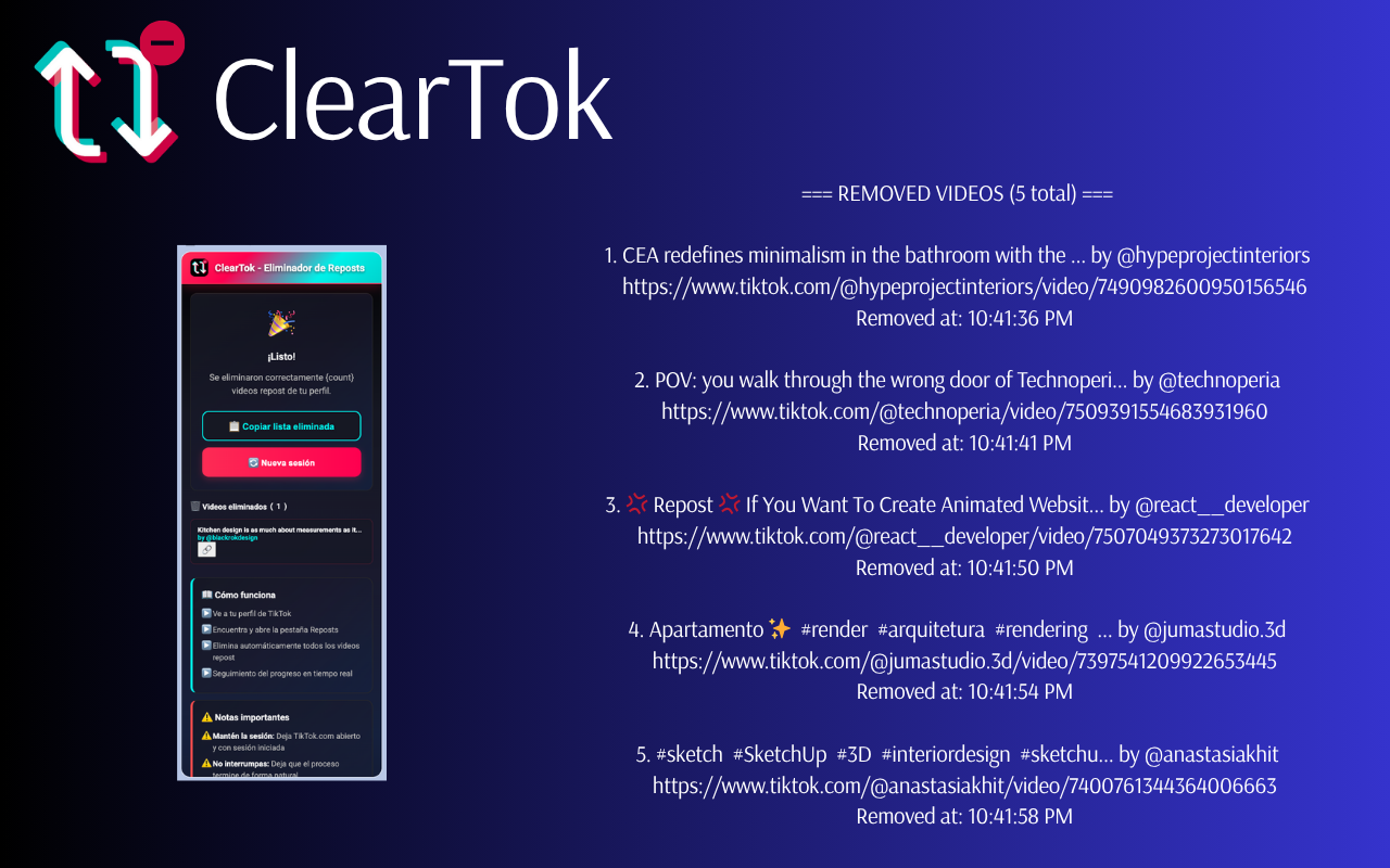 ClearTok - TikTok 转发清理器 chrome谷歌浏览器插件_扩展第1张截图