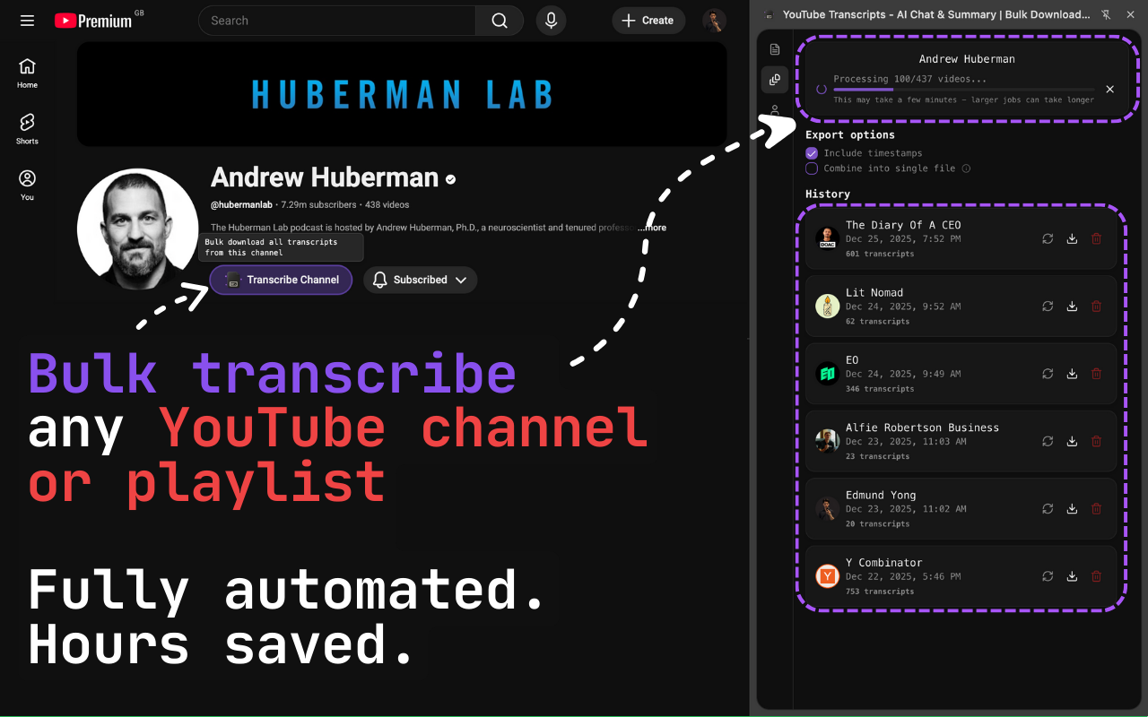 YouTube字幕下载 - 批量导出、AI摘要和聊天 | transcribr.io chrome谷歌浏览器插件_扩展第1张截图