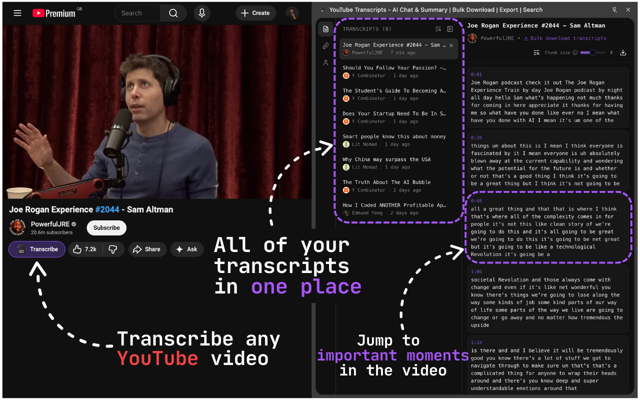 YouTube字幕下载 - 批量导出、AI摘要和聊天 | transcribr.io chrome谷歌浏览器插件_扩展第2张截图
