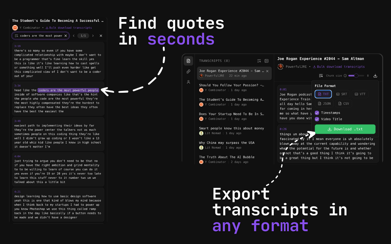 YouTube字幕下载 - 批量导出、AI摘要和聊天 | transcribr.io chrome谷歌浏览器插件_扩展第3张截图