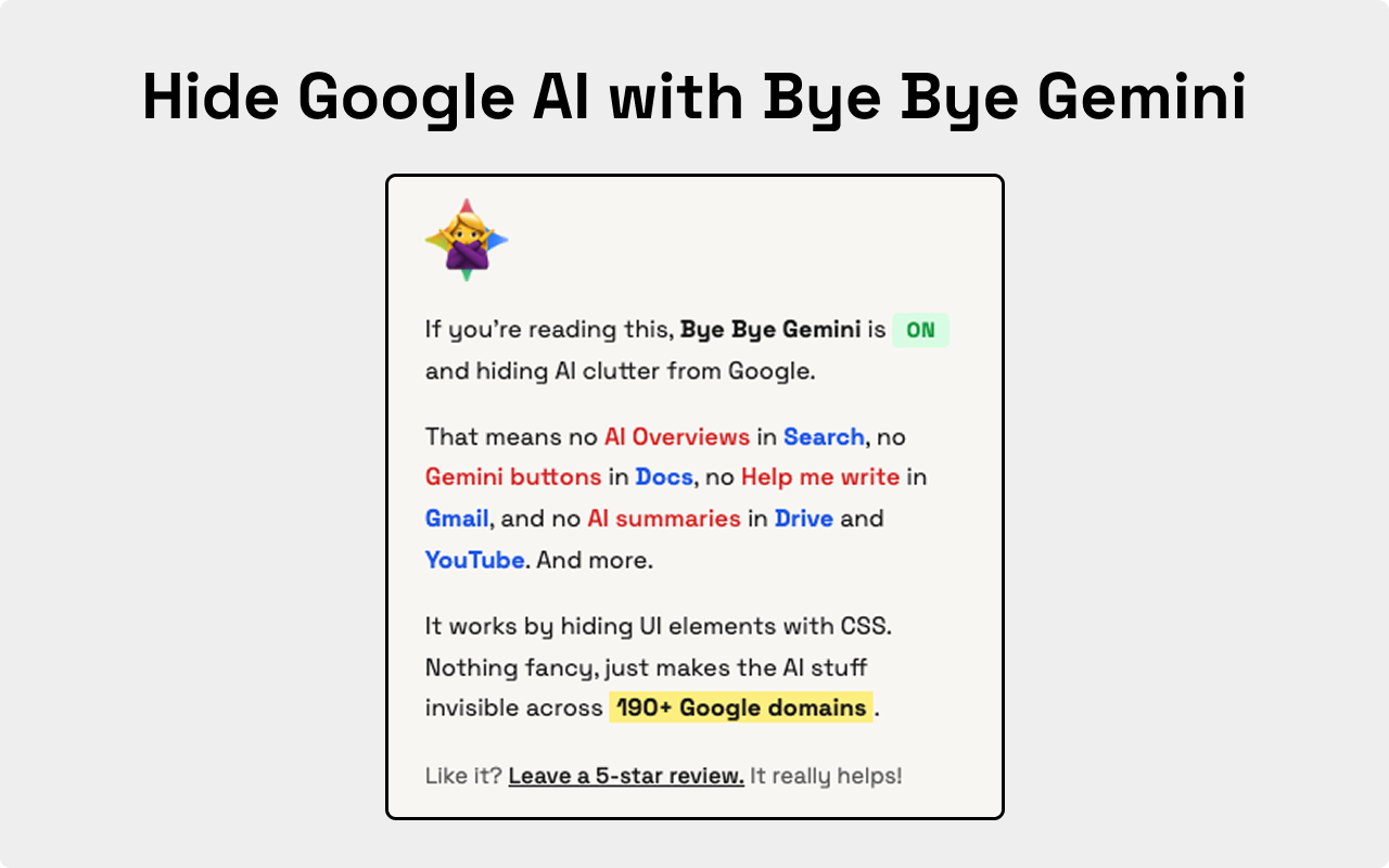 Hide Google AI - Bye Bye Gemini chrome谷歌浏览器插件_扩展第2张截图