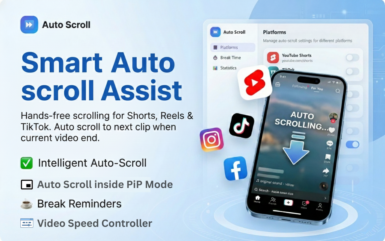 Auto Scroll & PiP for Reels, Shorts & TikTok | Video Speed Controller chrome谷歌浏览器插件_扩展第1张截图