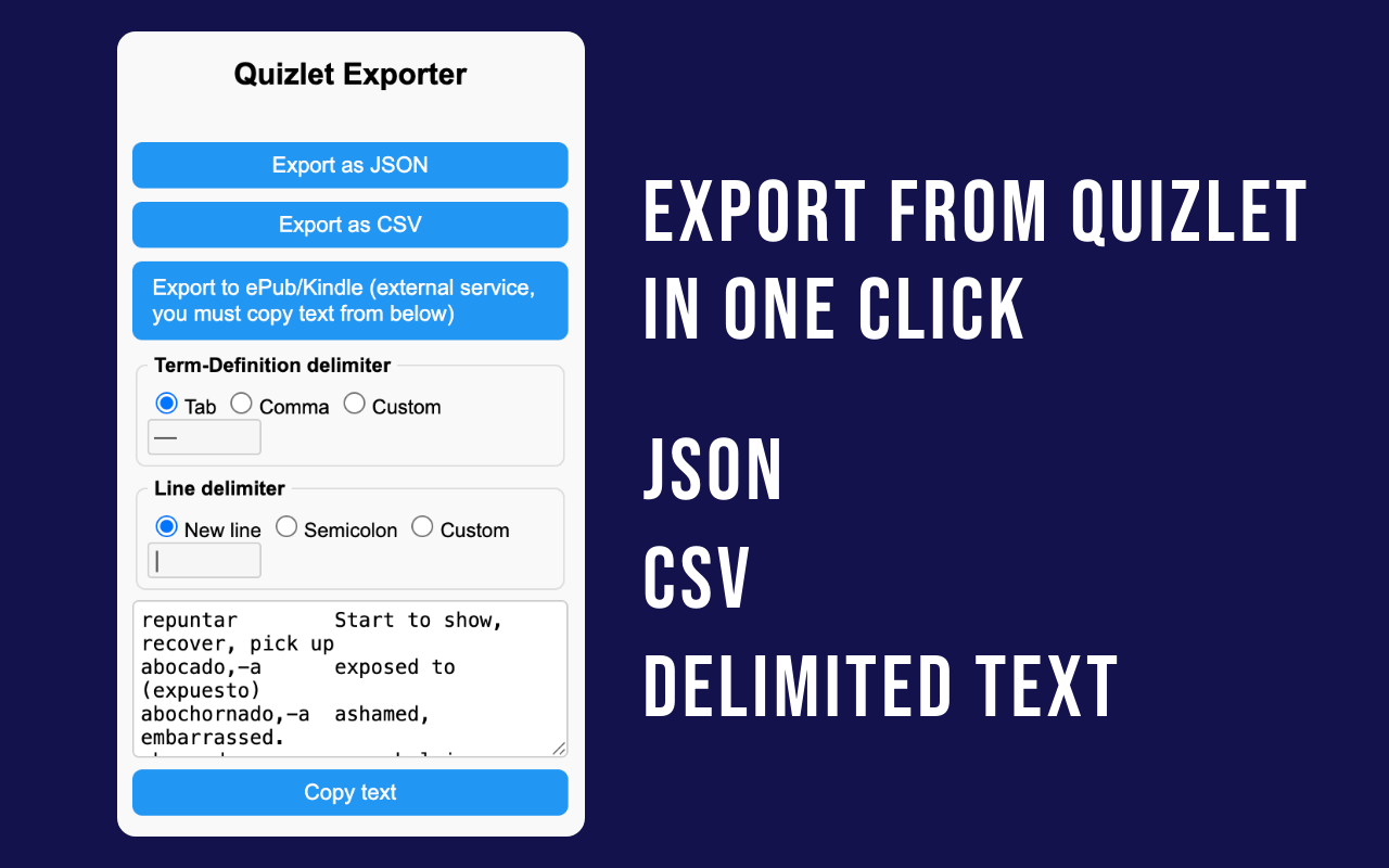 Quizlet Exporter - Export Flashcards to JSON, CSV, Text chrome谷歌浏览器插件_扩展第1张截图