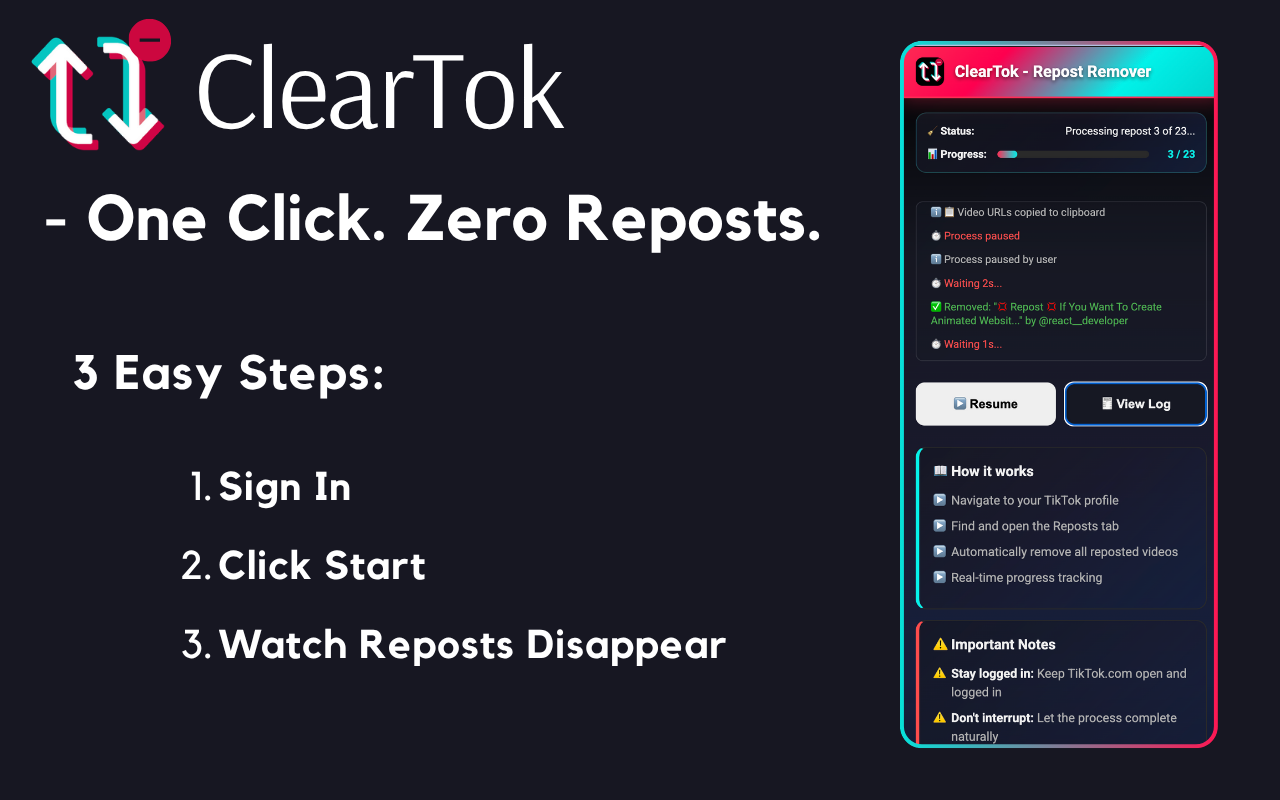 ClearTok - TikTok 转发清理器 chrome谷歌浏览器插件_扩展第2张截图