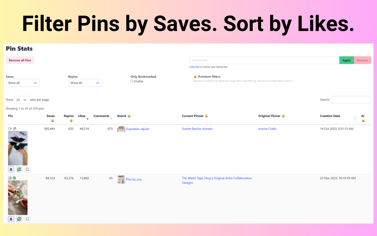 Pinterest 钉子统计 - 排序钉子 chrome谷歌浏览器插件_扩展第2张截图