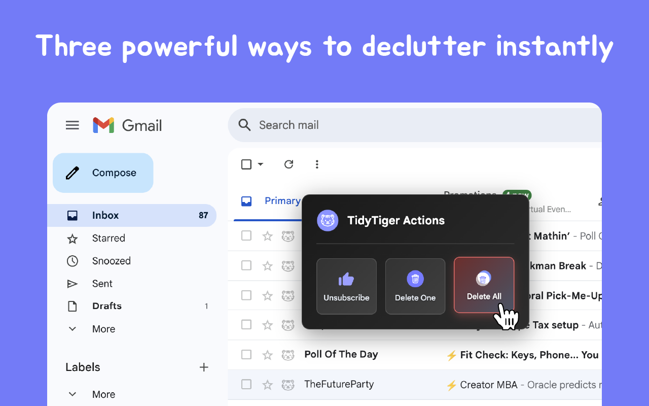 Tidy Tiger: Gmail bulk Delete + stronger Unsubscribe chrome谷歌浏览器插件_扩展第1张截图