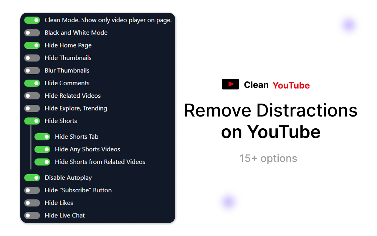 Clean YouTube - 删除短片和相关视频 - 截图 1