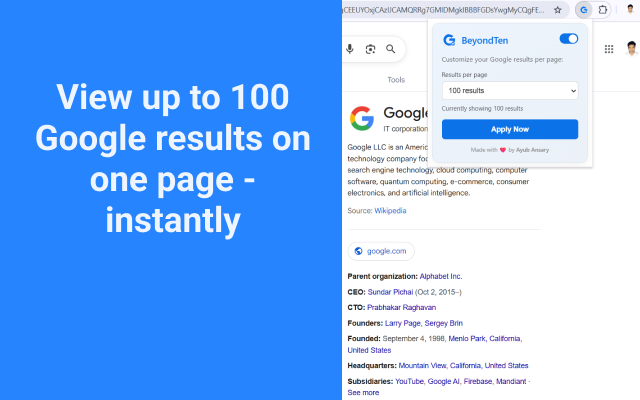 BeyondTen: Show 100 Google Search Results Per Page Instantly - 截图 1